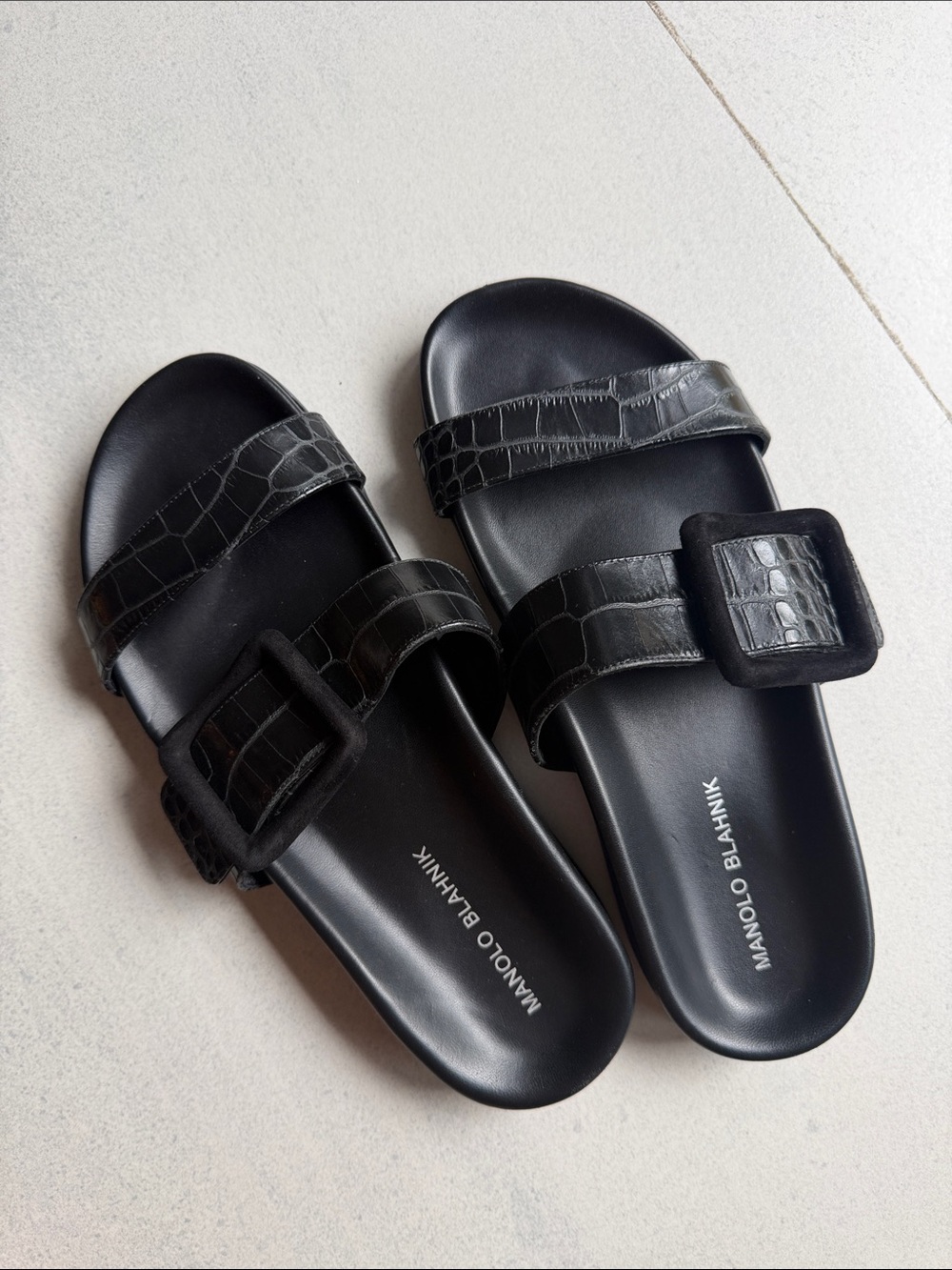 Manolo Blahnik Black Croc-Embossed Double-Strap Slides